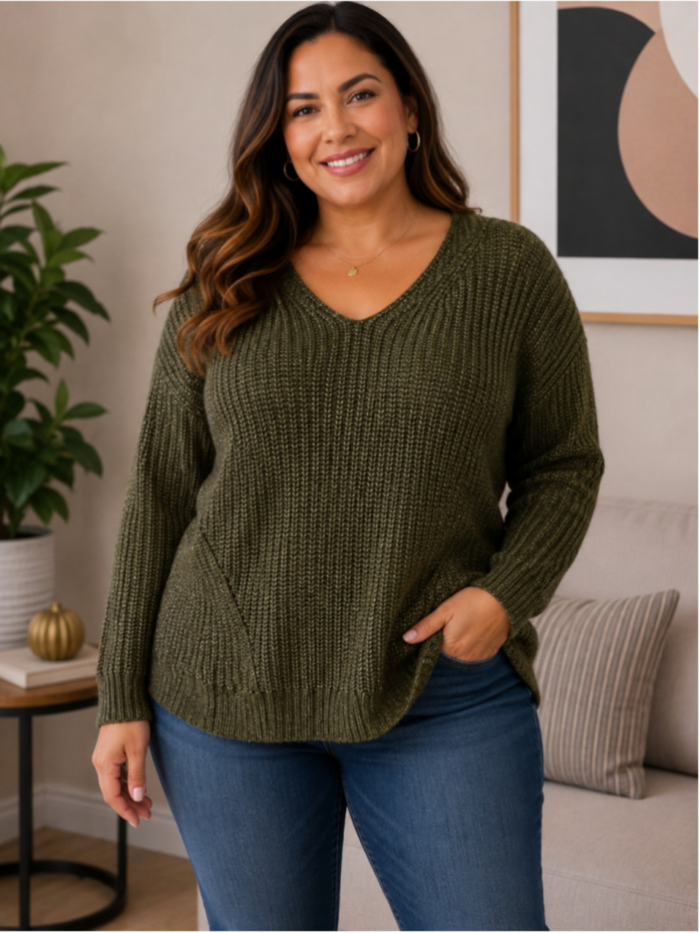 Women's dip Olive V-Neck Sweater Size M